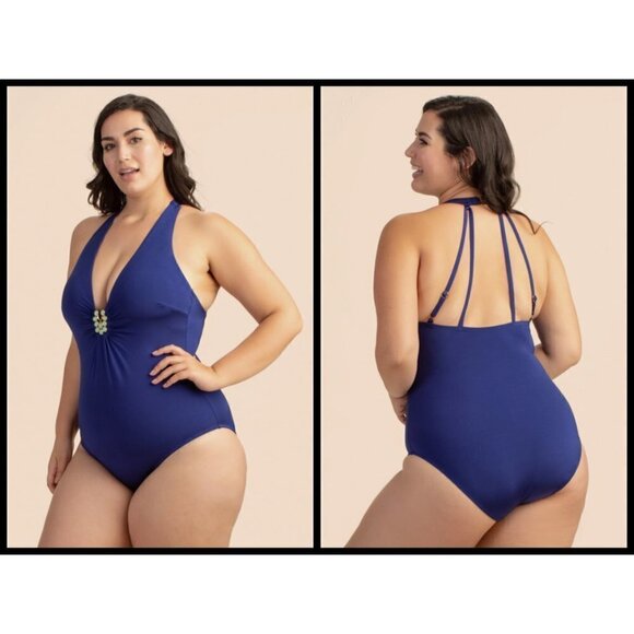 💕TRINA TURK Bijou Solids V-Plunge Plus One Piece Swimsuit Ultra Marine Blue 20W - Picture 1 of 15